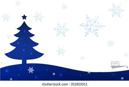 Blue postcard low polygon style christmas tree vector illustration consisting of triangles.Abstract triangular polygonal origami or crystal design of New Years celebration.Isolated on white background