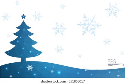 Blue postcard low polygon style christmas tree vector illustration consisting of triangles.Abstract triangular polygonal origami or crystal design of New Years celebration.Isolated on white background