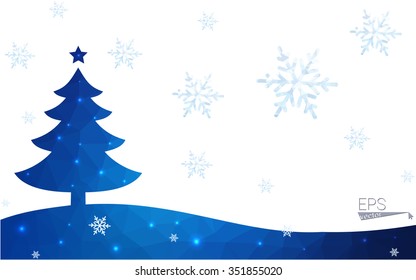Blue postcard low polygon style christmas tree vector illustration consisting of triangles.Abstract triangular polygonal origami or crystal design of New Years celebration.Isolated on white background