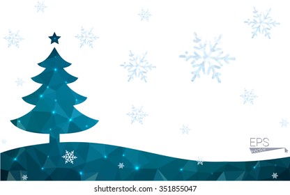 Blue postcard low polygon style christmas tree vector illustration consisting of triangles.Abstract triangular polygonal origami or crystal design of New Years celebration.Isolated on white background