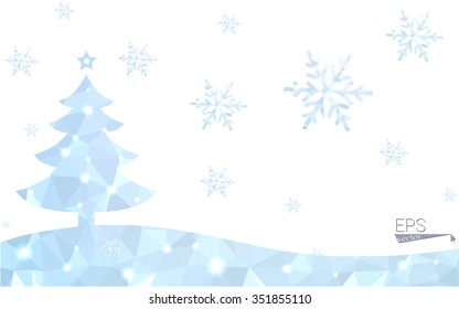 Blue postcard low polygon style christmas tree vector illustration consisting of triangles.Abstract triangular polygonal origami or crystal design of New Years celebration.Isolated on white background