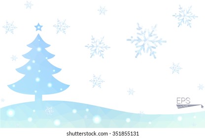 Blue postcard low polygon style christmas tree vector illustration consisting of triangles.Abstract triangular polygonal origami or crystal design of New Years celebration.Isolated on white background