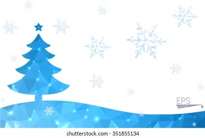 Blue postcard low polygon style christmas tree vector illustration consisting of triangles.Abstract triangular polygonal origami or crystal design of New Years celebration.Isolated on white background