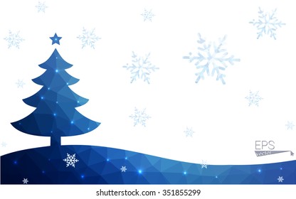 Blue postcard low polygon style christmas tree vector illustration consisting of triangles.Abstract triangular polygonal origami or crystal design of New Years celebration.Isolated on white background
