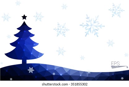 Blue postcard low polygon style christmas tree vector illustration consisting of triangles.Abstract triangular polygonal origami or crystal design of New Years celebration.Isolated on white background
