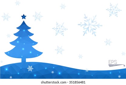 Blue postcard low polygon style christmas tree vector illustration consisting of triangles.Abstract triangular polygonal origami or crystal design of New Years celebration.Isolated on white background