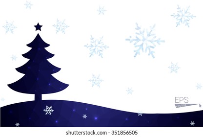 Blue postcard low polygon style christmas tree vector illustration consisting of triangles.Abstract triangular polygonal origami or crystal design of New Years celebration.Isolated on white background