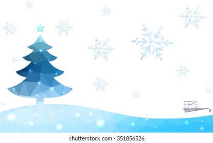 Blue postcard low polygon style christmas tree vector illustration consisting of triangles.Abstract triangular polygonal origami or crystal design of New Years celebration.Isolated on white background