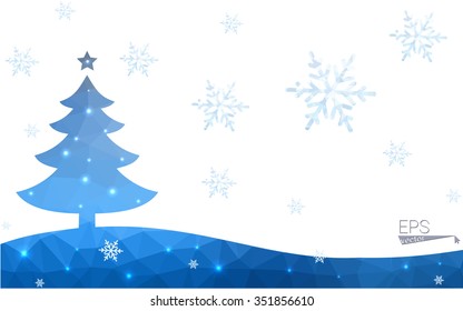 Blue postcard low polygon style christmas tree vector illustration consisting of triangles.Abstract triangular polygonal origami or crystal design of New Years celebration.Isolated on white background