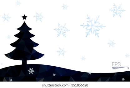 Blue postcard low polygon style christmas tree vector illustration consisting of triangles.Abstract triangular polygonal origami or crystal design of New Years celebration.Isolated on white background