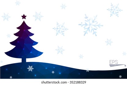 Blue postcard low polygon style christmas tree vector illustration consisting of triangles.Abstract triangular polygonal origami or crystal design of New Years celebration.Isolated on white background