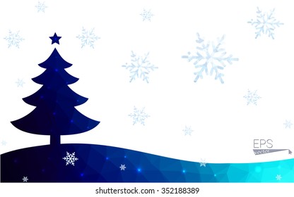 Blue postcard low polygon style christmas tree vector illustration consisting of triangles.Abstract triangular polygonal origami or crystal design of New Years celebration.Isolated on white background