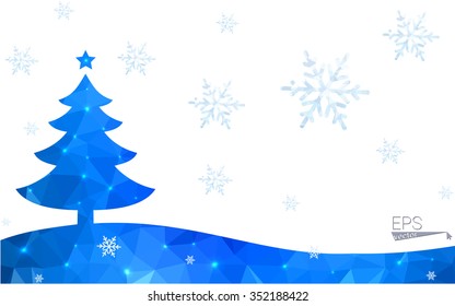 Blue postcard low polygon style christmas tree vector illustration consisting of triangles.Abstract triangular polygonal origami or crystal design of New Years celebration.Isolated on white background