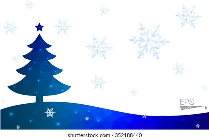 Blue postcard low polygon style christmas tree vector illustration consisting of triangles.Abstract triangular polygonal origami or crystal design of New Years celebration.Isolated on white background