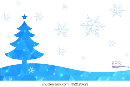Blue postcard low polygon style christmas tree vector illustration consisting of triangles.Abstract triangular polygonal origami or crystal design of New Years celebration.Isolated on white background