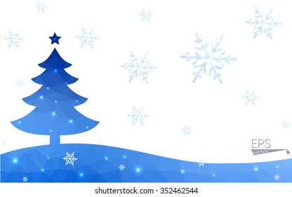Blue postcard low polygon style christmas tree vector illustration consisting of triangles.Abstract triangular polygonal origami or crystal design of New Years celebration.Isolated on white background