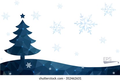 Blue postcard low polygon style christmas tree vector illustration consisting of triangles.Abstract triangular polygonal origami or crystal design of New Years celebration.Isolated on white background