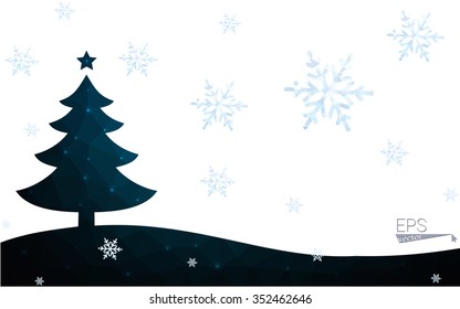 Blue postcard low polygon style christmas tree vector illustration consisting of triangles.Abstract triangular polygonal origami or crystal design of New Years celebration.Isolated on white background