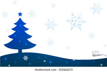 Blue postcard low polygon style christmas tree vector illustration consisting of triangles.Abstract triangular polygonal origami or crystal design of New Years celebration.Isolated on white background