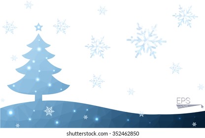Blue postcard low polygon style christmas tree vector illustration consisting of triangles.Abstract triangular polygonal origami or crystal design of New Years celebration.Isolated on white background