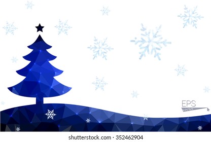 Blue postcard low polygon style christmas tree vector illustration consisting of triangles.Abstract triangular polygonal origami or crystal design of New Years celebration.Isolated on white background