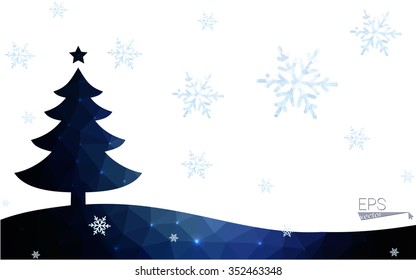 Blue postcard low polygon style christmas tree vector illustration consisting of triangles.Abstract triangular polygonal origami or crystal design of New Years celebration.Isolated on white background
