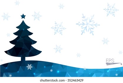 Blue postcard low polygon style christmas tree vector illustration consisting of triangles.Abstract triangular polygonal origami or crystal design of New Years celebration.Isolated on white background