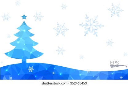 Blue postcard low polygon style christmas tree vector illustration consisting of triangles.Abstract triangular polygonal origami or crystal design of New Years celebration.Isolated on white background