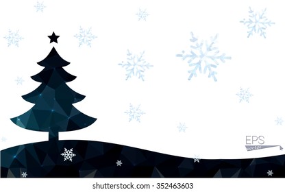 Blue postcard low polygon style christmas tree vector illustration consisting of triangles.Abstract triangular polygonal origami or crystal design of New Years celebration.Isolated on white background