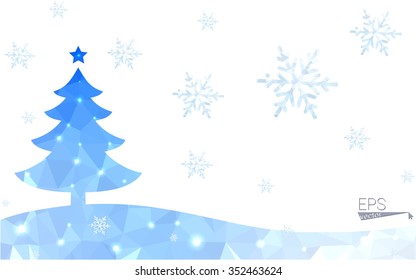 Blue postcard low polygon style christmas tree vector illustration consisting of triangles.Abstract triangular polygonal origami or crystal design of New Years celebration.Isolated on white background
