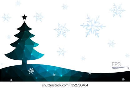 Blue postcard low polygon style christmas tree vector illustration consisting of triangles. Abstract triangular polygonal origami or crystal design of New Years celebration. Isolated on white background