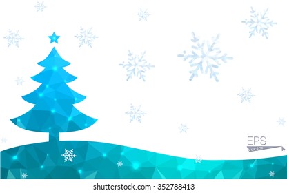 Blue postcard low polygon style christmas tree vector illustration consisting of triangles. Abstract triangular polygonal origami or crystal design of New Years celebration. Isolated on white background