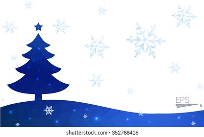 Blue postcard low polygon style christmas tree vector illustration consisting of triangles. Abstract triangular polygonal origami or crystal design of New Years celebration. Isolated on white background