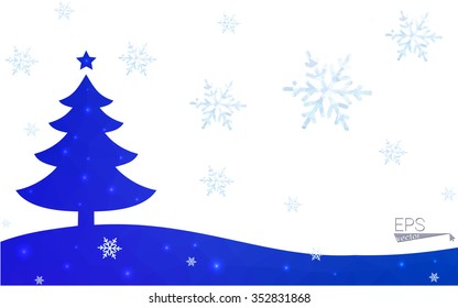 Blue postcard low polygon style christmas tree vector illustration consisting of triangles. Abstract triangular polygonal origami or crystal design of New Years celebration. Isolated on white background