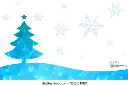 Blue postcard low polygon style christmas tree vector illustration consisting of triangles. Abstract triangular polygonal origami or crystal design of New Years celebration. Isolated on white background