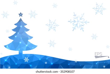 Blue postcard low polygon style christmas tree vector illustration consisting of triangles.Abstract triangular polygonal origami or crystal design of New Years celebration.Isolated on white background