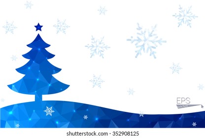 Blue postcard low polygon style christmas tree vector illustration consisting of triangles.Abstract triangular polygonal origami or crystal design of New Years celebration.Isolated on white background