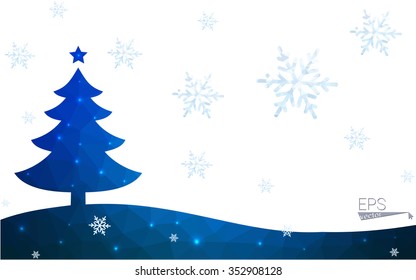 Blue postcard low polygon style christmas tree vector illustration consisting of triangles.Abstract triangular polygonal origami or crystal design of New Years celebration.Isolated on white background
