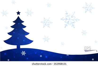 Blue postcard low polygon style christmas tree vector illustration consisting of triangles.Abstract triangular polygonal origami or crystal design of New Years celebration.Isolated on white background
