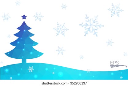 Blue postcard low polygon style christmas tree vector illustration consisting of triangles.Abstract triangular polygonal origami or crystal design of New Years celebration.Isolated on white background