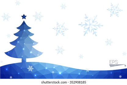 Blue postcard low polygon style christmas tree vector illustration consisting of triangles.Abstract triangular polygonal origami or crystal design of New Years celebration.Isolated on white background