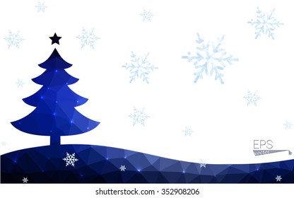 Blue postcard low polygon style christmas tree vector illustration consisting of triangles.Abstract triangular polygonal origami or crystal design of New Years celebration.Isolated on white background