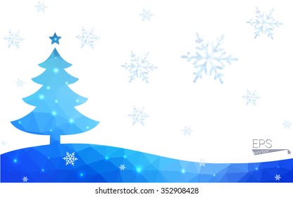 Blue postcard low polygon style christmas tree vector illustration consisting of triangles.Abstract triangular polygonal origami or crystal design of New Years celebration.Isolated on white background