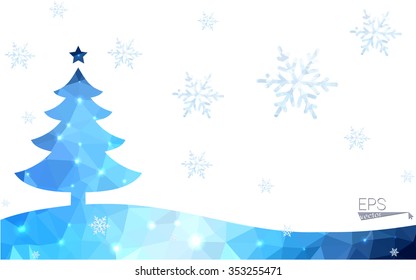 Blue postcard low polygon style christmas tree vector illustration consisting of triangles.Abstract triangular polygonal origami or crystal design of New Years celebration.Isolated on white background