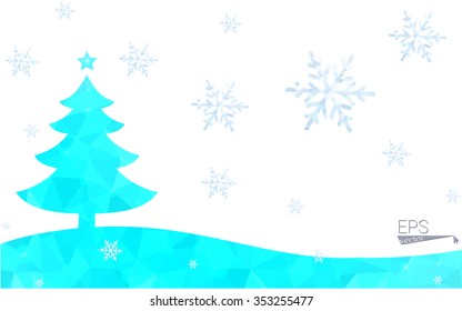 Blue postcard low polygon style christmas tree vector illustration consisting of triangles.Abstract triangular polygonal origami or crystal design of New Years celebration.Isolated on white background