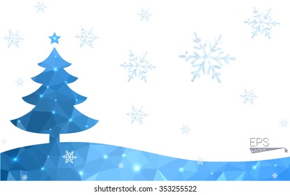 Blue postcard low polygon style christmas tree vector illustration consisting of triangles.Abstract triangular polygonal origami or crystal design of New Years celebration.Isolated on white background