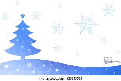Blue postcard low polygon style christmas tree vector illustration consisting of triangles.Abstract triangular polygonal origami or crystal design of New Years celebration.Isolated on white background