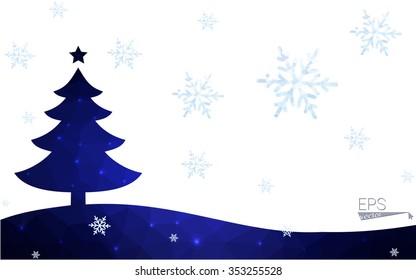 Blue postcard low polygon style christmas tree vector illustration consisting of triangles.Abstract triangular polygonal origami or crystal design of New Years celebration.Isolated on white background