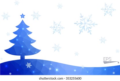 Blue postcard low polygon style christmas tree vector illustration consisting of triangles.Abstract triangular polygonal origami or crystal design of New Years celebration.Isolated on white background