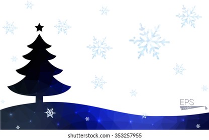 Blue postcard low polygon style christmas tree vector illustration consisting of triangles.Abstract triangular polygonal origami or crystal design of New Years celebration.Isolated on white background